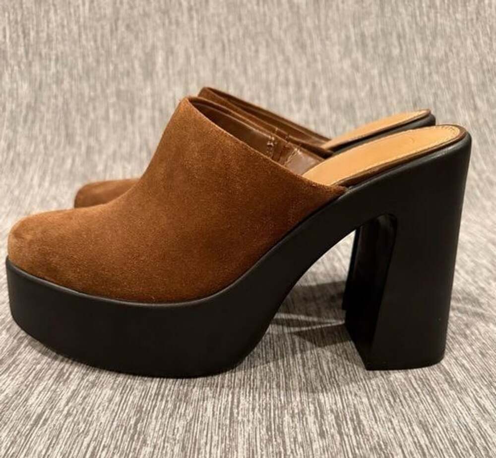Gianni Bini Brown Suede Platform Mule Heels with Black Block Heel